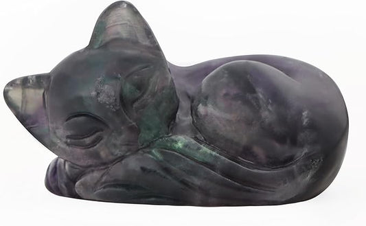 2" Sleeping Cat Statue Rainbow Fluorite Healing Crystals Hand Carved Cute Kitten Figurine, Worry Stone for Anxiety Relif Home Desk Decor Animal Figurine
