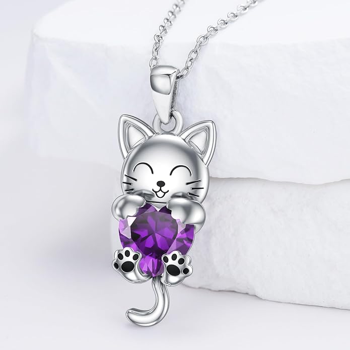 LONAGO Cat Necklace with Heart Birthstone Cat Pendant Necklace Sterling Silver Gifts for Women