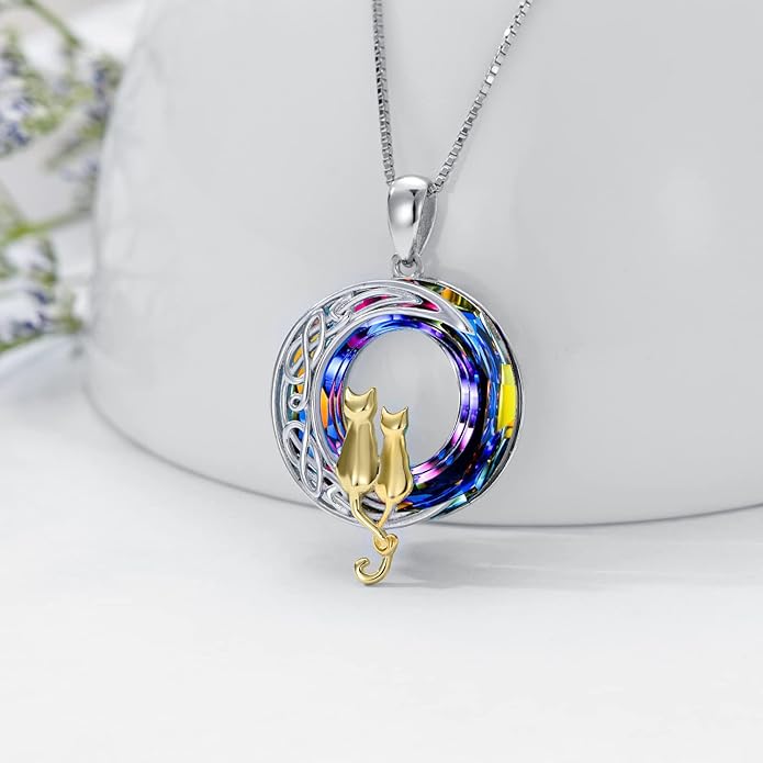 TOUPOP Cat Gifts for Cat Lovers 1 2 3 Cats Necklace Sterling Silver Cat on the Moon Pendant Necklace with Blue Circle Crystal Birthday Christmas Celtic Jewelry Gifts for Women