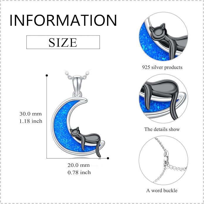 LONAGO Black Cat Moon Necklace with Created Blue Opal Sterling Silver Black Cat Necklaces Gift for Women