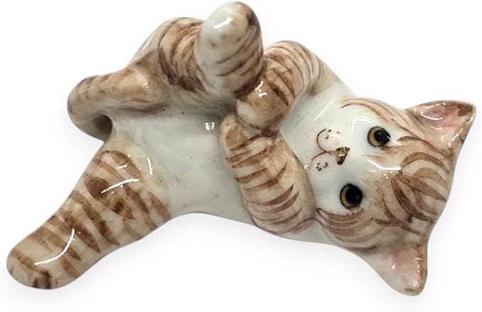 WitnyStore Tiny 1¾" Long White Brown Tabby Shorthair Cat Lying Leg Up Figurine - Miniature Hand Made Painted Ceramic Cats Kitten Feline Animals Cute Porcelain Decorative Collectible Figure Décor Gifts