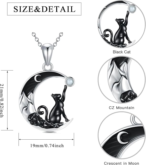 Gothic Jewelry Bat/Cat/Wolf/Dragon/Owl/Fox/Spider/Sun Pendant Sterling Silver Crescent Moon Necklace for Women Girls Black Jewelry Gifts