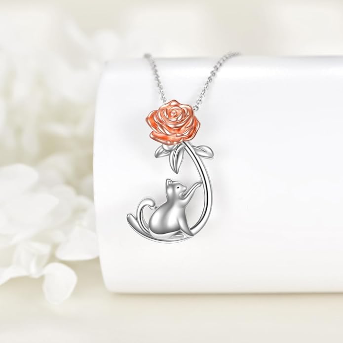 URONE Cat Necklace 925 Sterling Silver Cat Pendants Necklace Animals Jewelry Gifts For Women