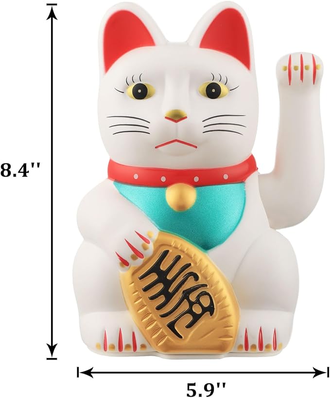 Gold/Black/White Maneki Neko Lucky Cat,Fengshui Cat- Waving Arm Battery Operated for Fortune Money and Good Luck (White, 8 in)