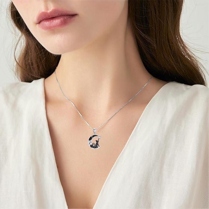 Gothic Jewelry Bat/Cat/Wolf/Dragon/Owl/Fox/Spider/Sun Pendant Sterling Silver Crescent Moon Necklace for Women Girls Black Jewelry Gifts