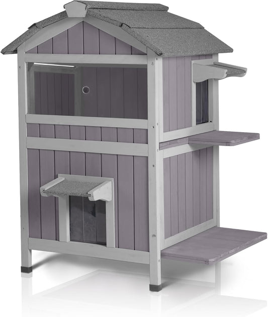 GUTINNEEN Outdoor Cat House Weatherproof Feral Cat Shelter with Escape Doors - 2-Story（AIR94）