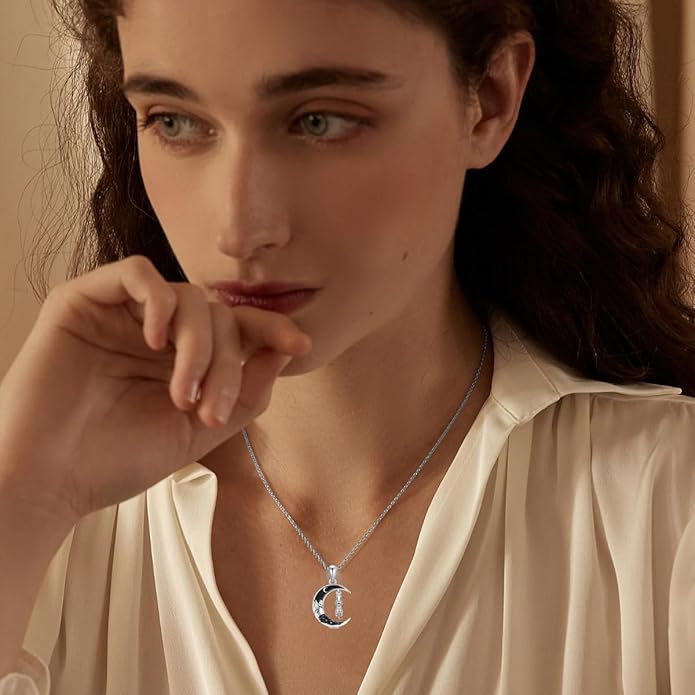 Gothic Jewelry Bat/Cat/Wolf/Dragon/Owl/Fox/Spider/Sun Pendant Sterling Silver Crescent Moon Necklace for Women Girls Black Jewelry Gifts