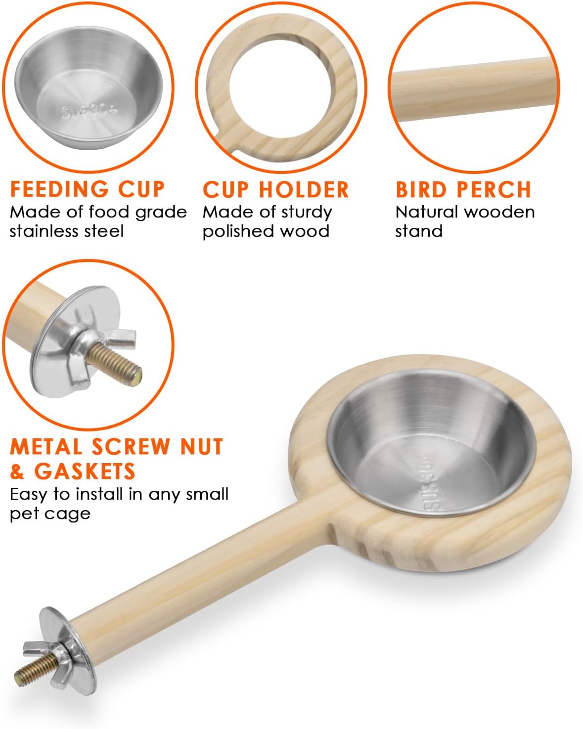 KATUMO Bird Perch Bird Feeding Cup Parrot Wood Perch Stand Toy Bird Cage Accessory for Parakeet Lovebird Conure Budgie Canary Finch Small Parrots