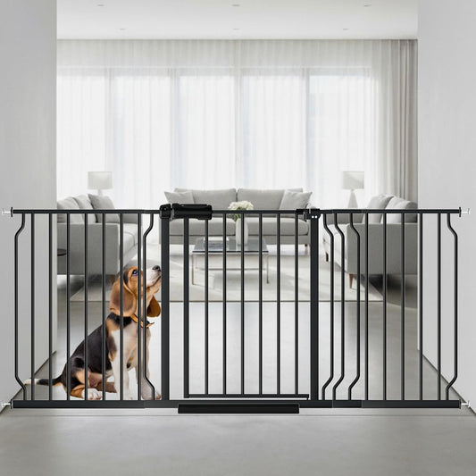 62.2"-71.65" Extra Wide Auto Closing Baby Safety Gate for Stairs & Doorways, Pressure Mounted No Drill Pet Gate with Walk-Through Door - Heavy Duty Childproof Gate for Toddlers, Kids, Dogs (Black)