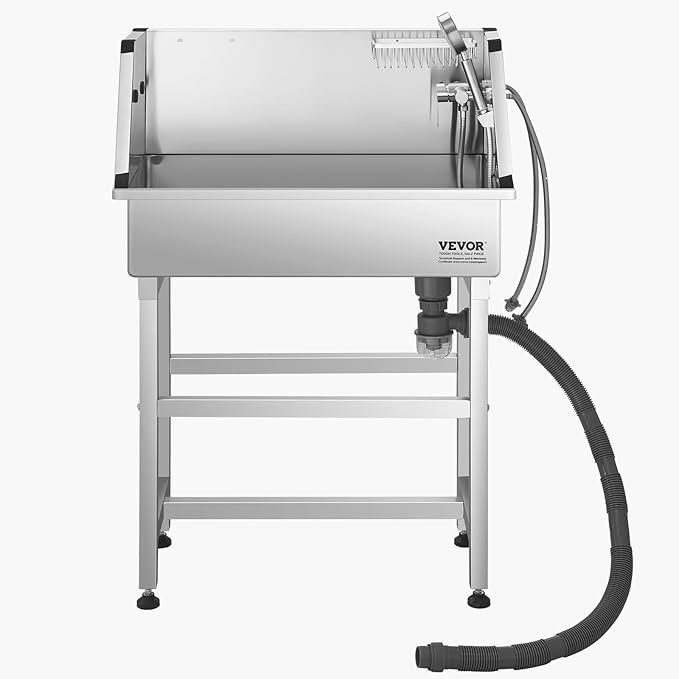 VEVOR Stainless Steel Dog Washing Station, 34 inch Pet Grooming Tub w/Faucet & Showerhead & Soap Holder & Play Balls Simple Dog Bathtub for Multiple Pets, Home Washing Sink