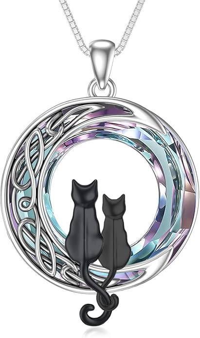 TOUPOP Cat Gifts for Cat Lovers 1 2 3 Cats Necklace Sterling Silver Cat on the Moon Pendant Necklace with Blue Circle Crystal Birthday Christmas Celtic Jewelry Gifts for Women