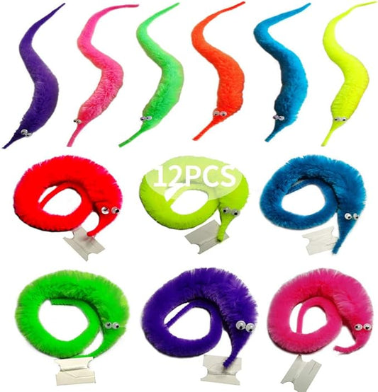 12PCS Fuzzy Worms, Fuzzy Worm Toys, String Worm Pets Fuzzy Worms On String Bulk Trick Toy Party Favors for Kid Cat (6 Colors)