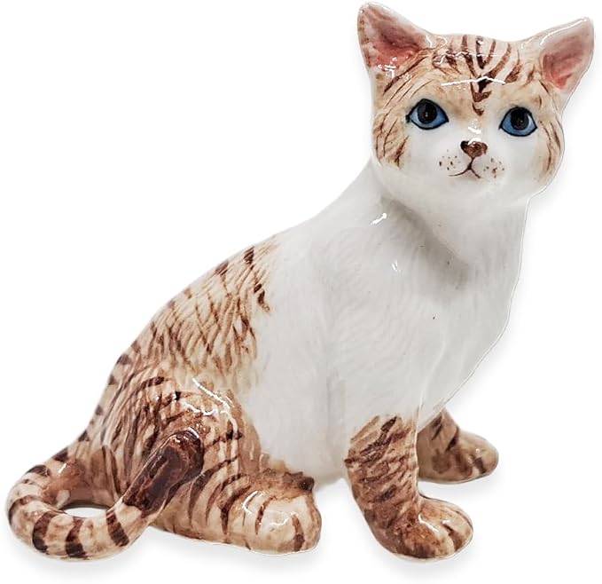 WitnyStore Tiny 2¼" Brown White Tabby Shorthair Cat Sitting Look Right Figurine - Miniature Hand Made Painted Ceramic Cats Kitten Feline Animal Cute Porcelain Decorative Collectible Figure Décor Gifts