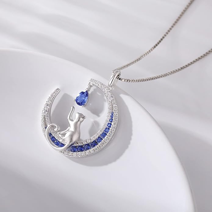 jiamiaoi 18K White Gold Plated Cat Necklace 925 Sterling Silver Diamond Cat Necklace Silver Cat On Moon Necklace for Women Gift for Birthday/Christmas, Come with Gift Box