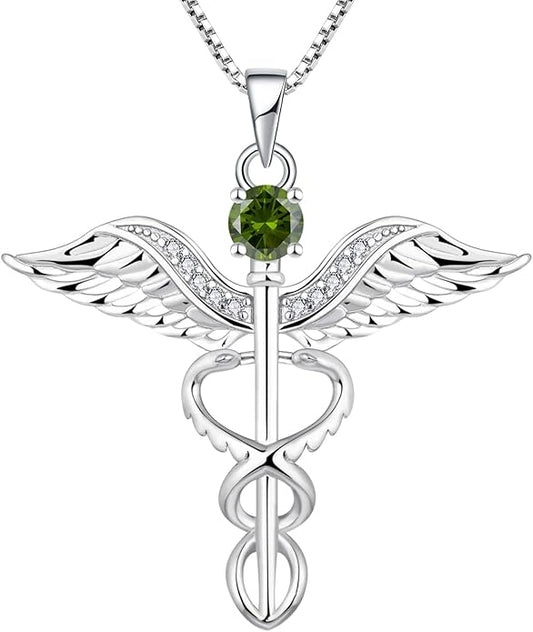 YL Caduceus Necklace Sterling Silver Doctor Nurse Themed Pendant Birthstone Angel Wings Snake Jewelry for Women