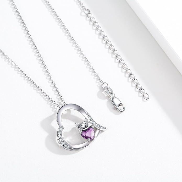 JUSTKIDSTOY Sterling Silver Cute Animal Pendant Necklace with Crystal Cat Pendant - Women's Cat Lovers Jewelry Gift
