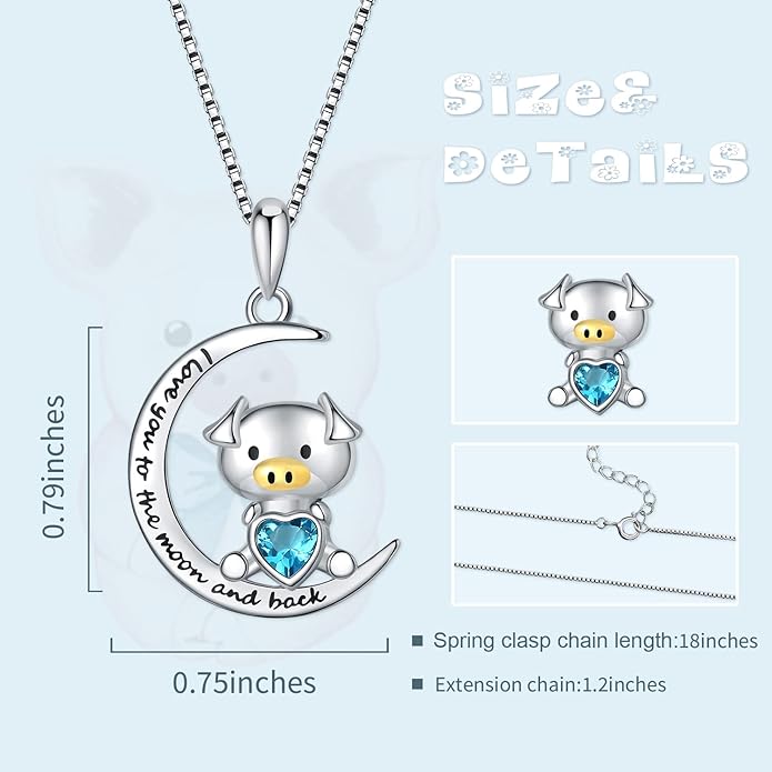 925 Sterling Silver Pig/Koala/Frog/Cat Horse Necklace I Love You to the Moon and Back Cute Animal Love Heart Moon Pendant Necklaces Jewelry Birthday Gifts for Women Best Friends