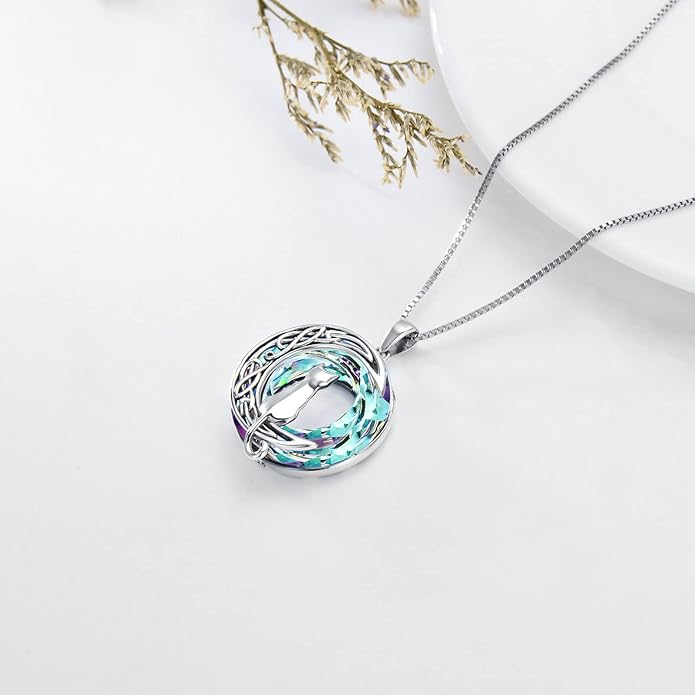 TOUPOP Cat Gifts for Cat Lovers 1 2 3 Cats Necklace Sterling Silver Cat on the Moon Pendant Necklace with Blue Circle Crystal Birthday Christmas Celtic Jewelry Gifts for Women