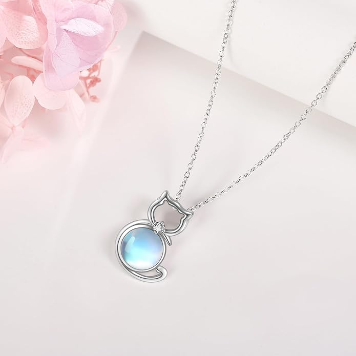POPLYKE Cat/Family Cat Necklace for Women 925 Sterling Silver Celtic Moon Cat Wiccan Jewelry for Wife
