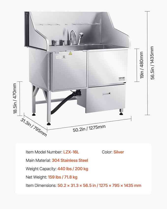 VEVOR Professional 304 Stainless Steel Dog Bathing Station, 50 inch Pet Grooming Tub w/Anti-Slip ramp, Storage Drawer, Cold Hot Faucet Showerhead, for Large & Medium & Small (Left Door, with Drawer)