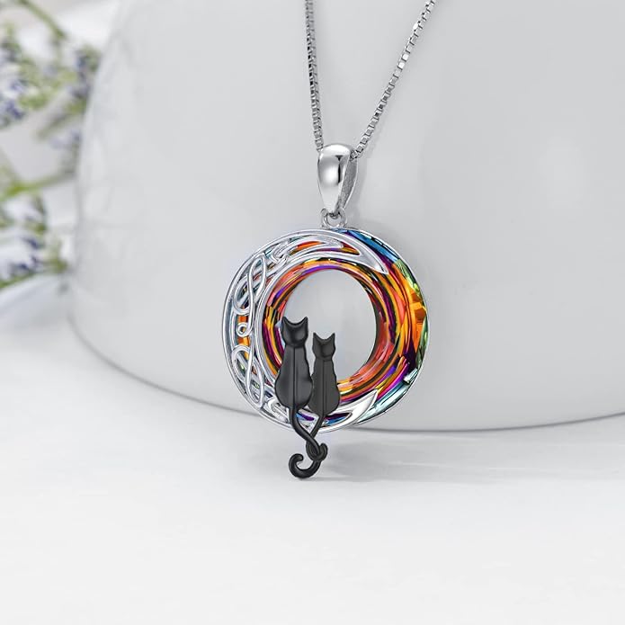 TOUPOP Cat Gifts for Cat Lovers 1 2 3 Cats Necklace Sterling Silver Cat on the Moon Pendant Necklace with Blue Circle Crystal Birthday Christmas Celtic Jewelry Gifts for Women