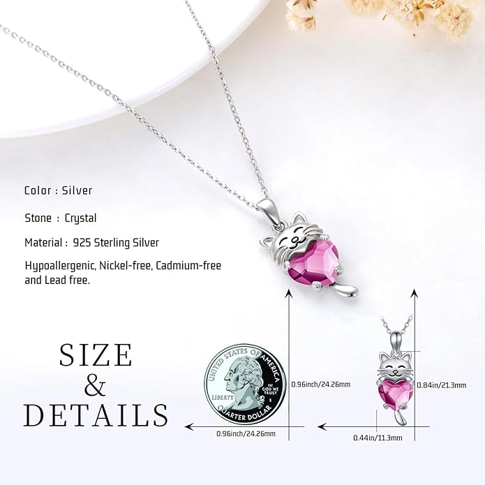 JUSTKIDSTOY Sterling Silver Cute Animal Pendant Necklace with Crystal Cat Pendant - Women's Cat Lovers Jewelry Gift