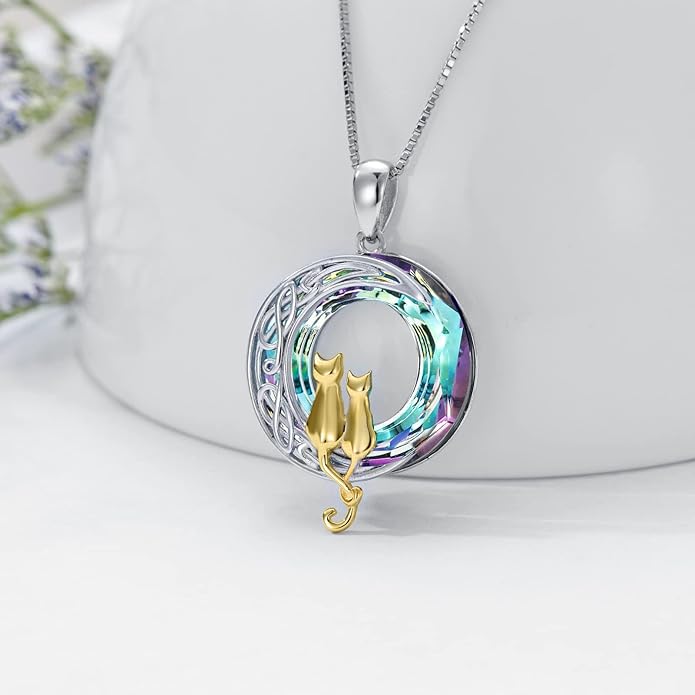 TOUPOP Cat Gifts for Cat Lovers 1 2 3 Cats Necklace Sterling Silver Cat on the Moon Pendant Necklace with Blue Circle Crystal Birthday Christmas Celtic Jewelry Gifts for Women