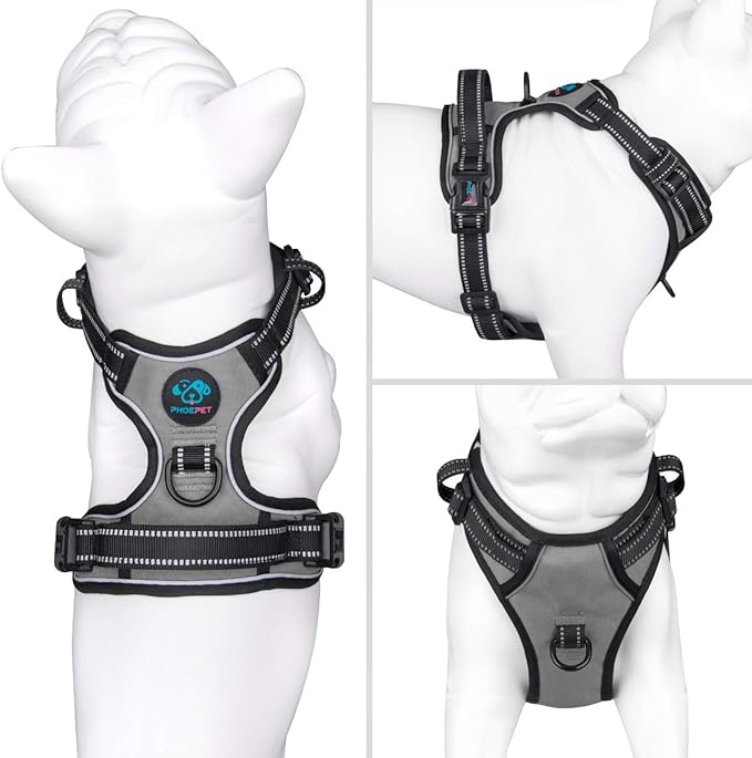PHOEPET No Pull Dog Harness Medium Reflective Front Clip Vest with Handle,Adjustable 2 Metal Rings 2 Buckles(L, Grey)