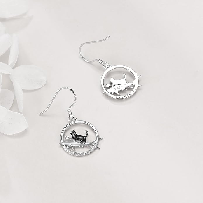 YFN Cat Earrings for Women Sterling Silver Shark Dangle Earrings Cat Jewelry Gifts for Women Cat Lover Shark Jewelry for Shark Lover