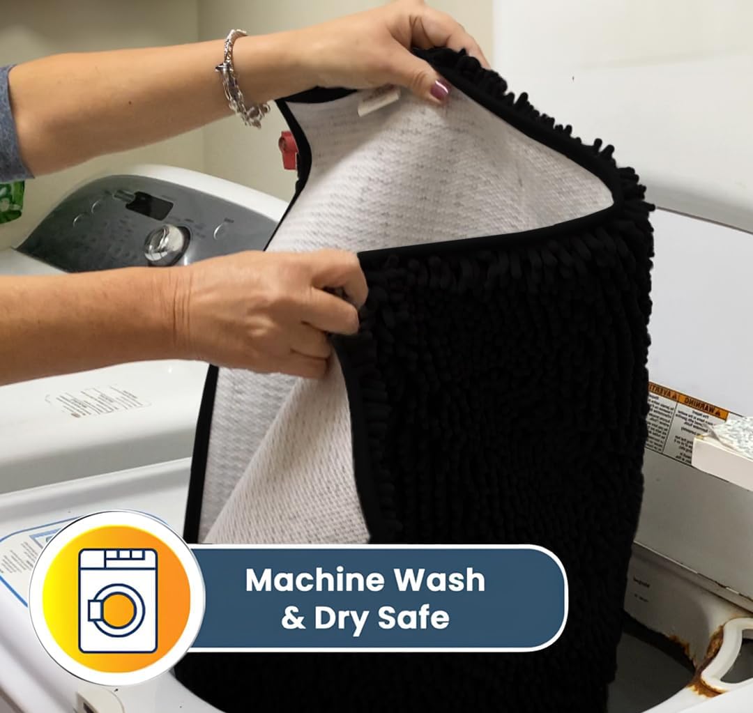 Muddy Mat® AS-SEEN-ON-TV Highly Absorbent Microfiber Door Mat and Pet Rug, Non Slip Thick Washable Area and Bath Mat Soft Chenille for Kitchen Bathroom Bedroom Indoor and Outdoor - Black 3ft x 8ft