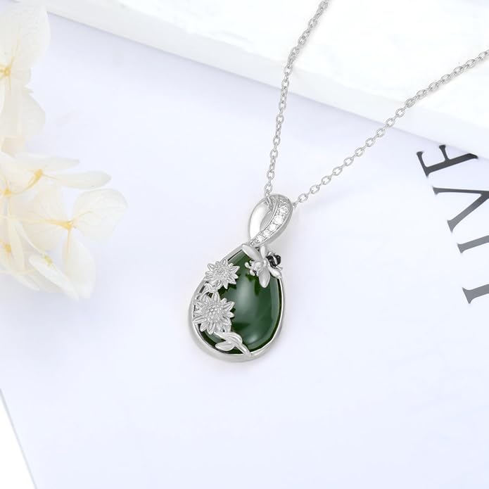 Green Jade Necklace Sterling Silver Teardrop Hummingbird/Dragonfly/Butterfly/Bee/Cat/Cardinal/Owl/Fox/Sloth Natural Jade Jewelry Birthday Mothers Day Christmas Gifts Women Mom Her