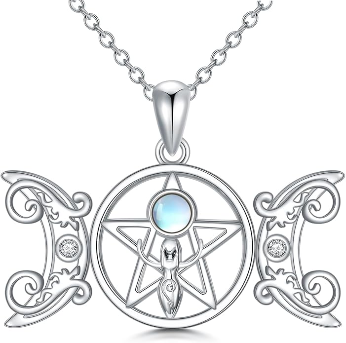 Witch Necklace 925 Sterling Silver Pentagram Triple Moon Pentacle Pendant Wiccan Pagan Jewelry Witchy Gifts for Women