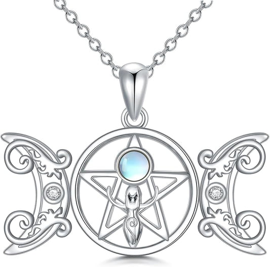 Witch Necklace 925 Sterling Silver Pentagram Triple Moon Pentacle Pendant Wiccan Pagan Jewelry Witchy Gifts for Women