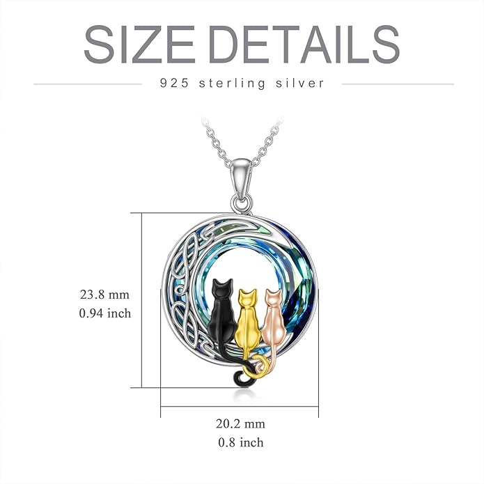 TOUPOP Cat Gifts for Cat Lovers 1 2 3 Cats Necklace Sterling Silver Cat on the Moon Pendant Necklace with Blue Circle Crystal Birthday Christmas Celtic Jewelry Gifts for Women