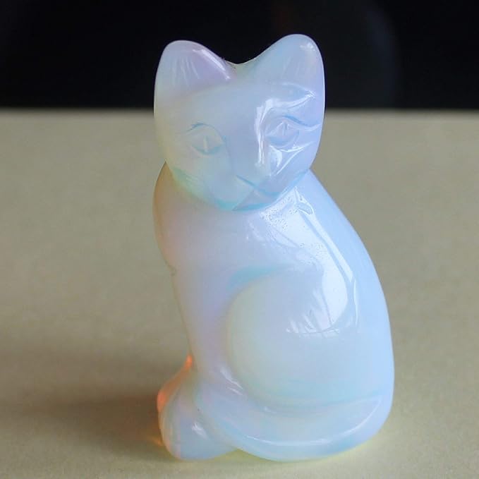 2'' Hand Carved Mixed Gemstone Crystal cat Figurine Animal Carving (White opalite)