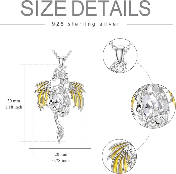 Dragon Necklace for Men Sterling Silver Birthstone Wyvern Necklace Embllished with Teardrop Shaped Crystal Jewelry for Women