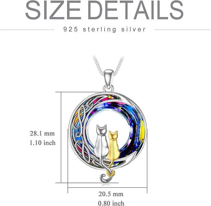 TOUPOP Cat Gifts for Cat Lovers 1 2 3 Cats Necklace Sterling Silver Cat on the Moon Pendant Necklace with Blue Circle Crystal Birthday Christmas Celtic Jewelry Gifts for Women