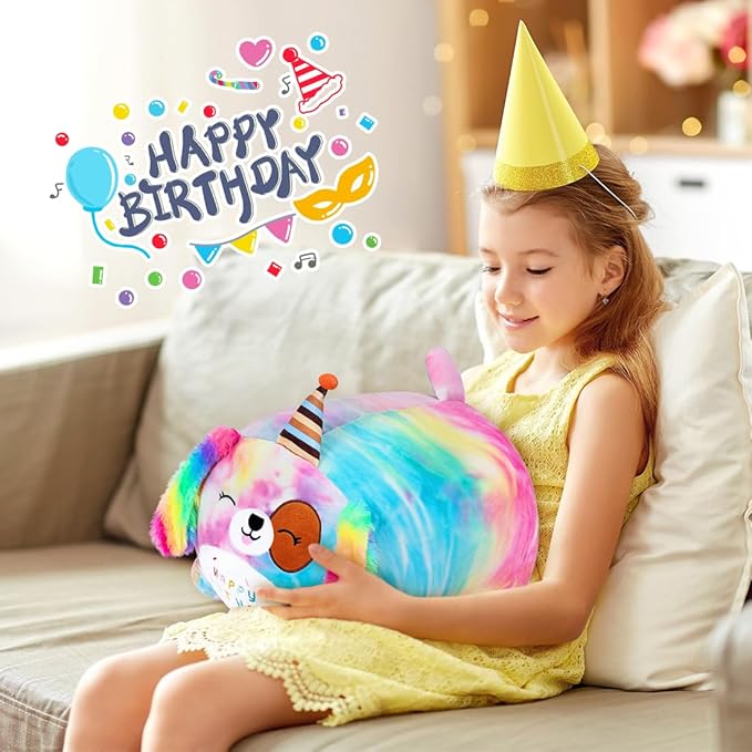 Happy Birthday Plush Toy, Cute Birthday Puppy Stuffed Animal, Colorful Dog Plush Pillow for Girls & Kids (40cm/15.7inch)