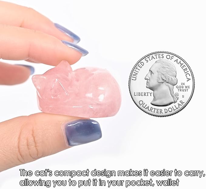 WHAL&YUNE Crystal Cat Figurine, 1PC Rose Quartz Cat Stone, Natural Sleeping Cat Ornament Hand Carved Cat Statue Cat Decoration for Cat Lovers, Gift 1.5"