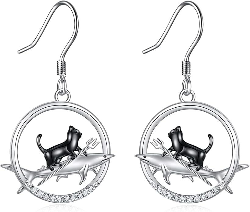 YFN Cat Earrings for Women Sterling Silver Shark Dangle Earrings Cat Jewelry Gifts for Women Cat Lover Shark Jewelry for Shark Lover
