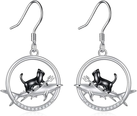 YFN Cat Earrings for Women Sterling Silver Shark Dangle Earrings Cat Jewelry Gifts for Women Cat Lover Shark Jewelry for Shark Lover