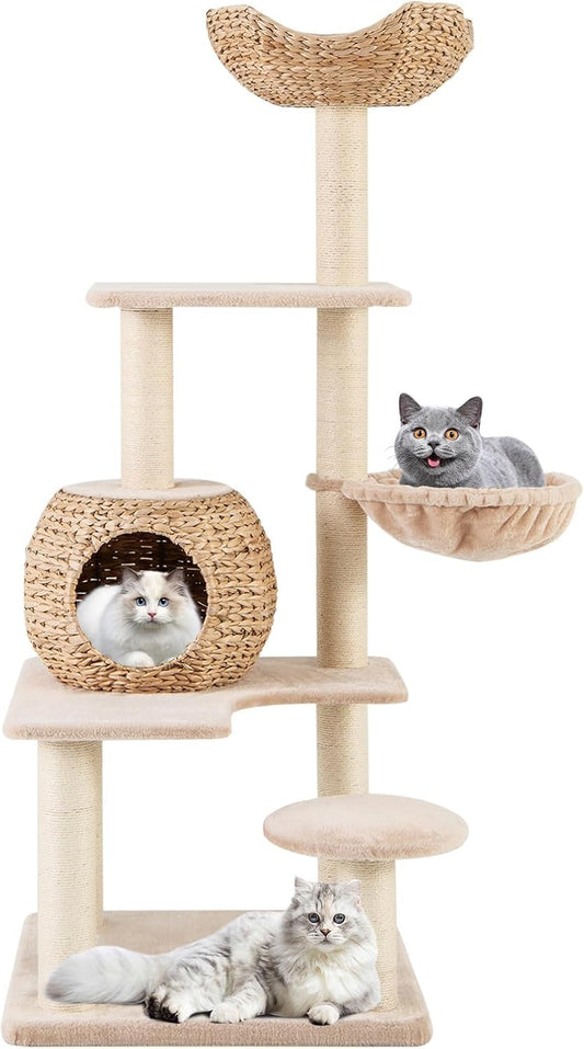 PETSITE 59 inch Cattail Cat Tree Tower, Multi-Level Cat Tower with Natural Sisal Scratching Posts, Condo, Basket, Top Perch and Jumping Platforms, Modern Tall Cat Tree for Indoor Cats