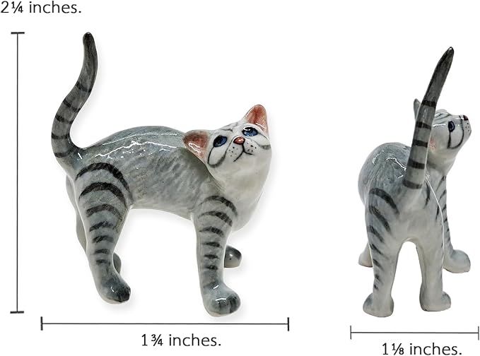 WitnyStore Tiny 2¼" Gray Tabby Shorthair Cat Standing Look Up Figurine - Miniature Hand Made Painted Ceramic Cats Kitten Feline Animal Cute Porcelain Decorative Collectible Figurines Décor Gifts