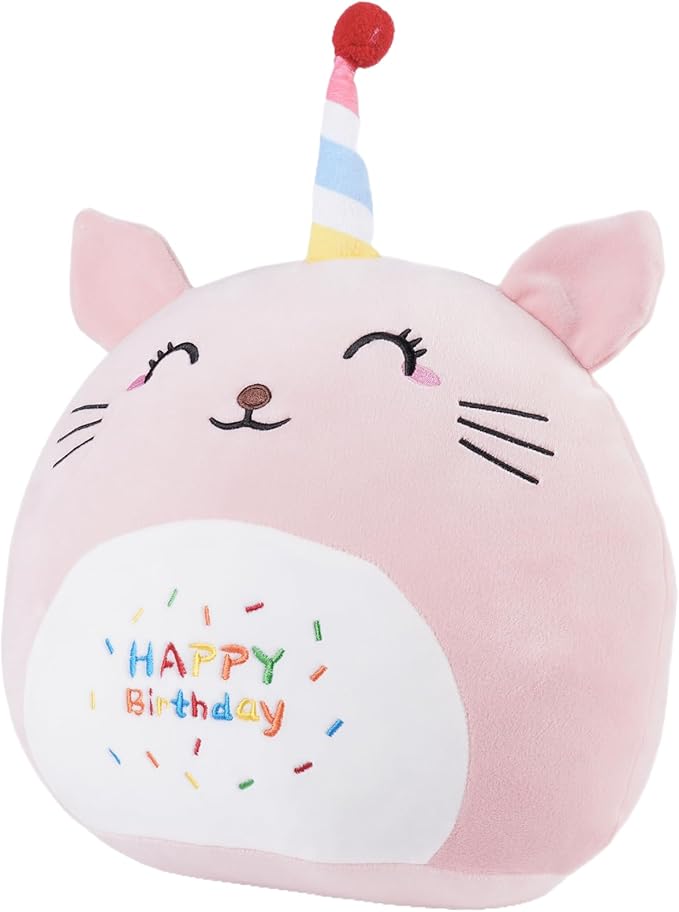 12 Inch Plush Birthday Cat Kitty Stuffed Animal Happy Birthday Cat Hugging Pillow Birthday Cat Plushies Throw Pillow Birthday Pink Cat Kitten Anime Gift for Kids and Lovers