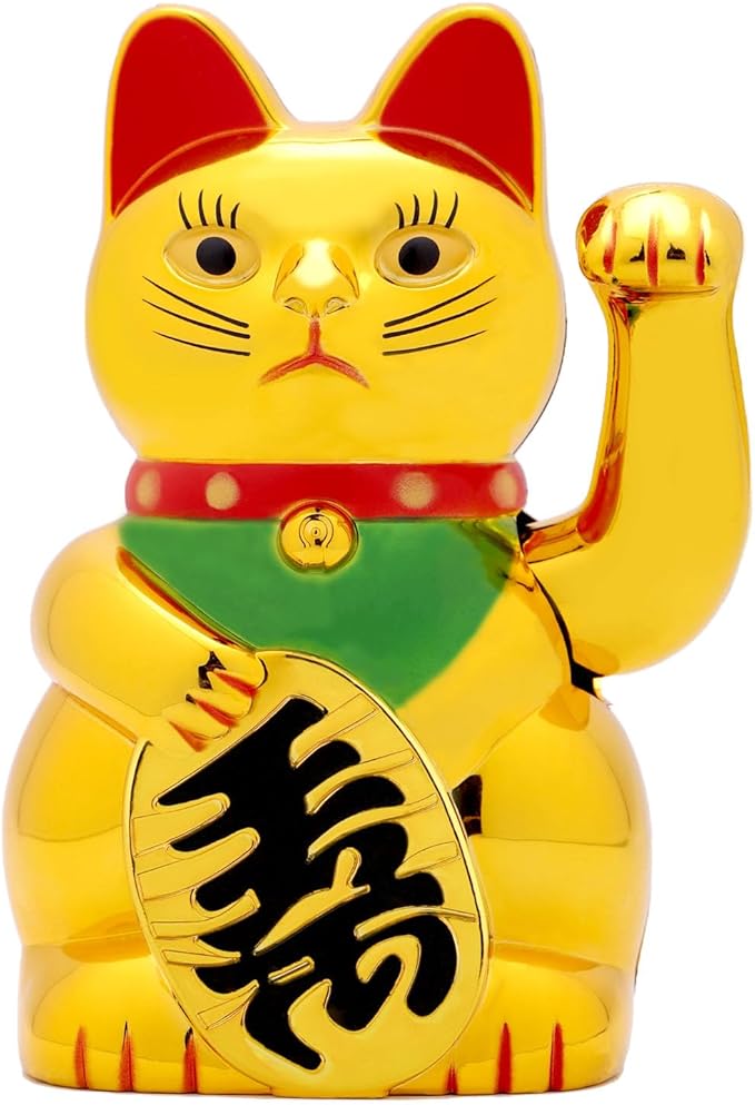 8" Maneki Neko Lucky Cat,Fengshui Cat- Waving Arm Battery Operated for Fortune Money and Good Luck (Gold 8")