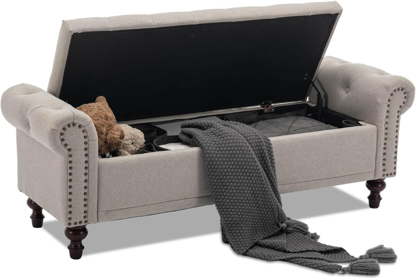 58.1'' Storage Bench Upholstered Linen End of Bedroom Bed Bench Ottoman with Tufted Cushioned Rolled Arm Large Storage Space for Reading Living Room Entryway, Light Brown