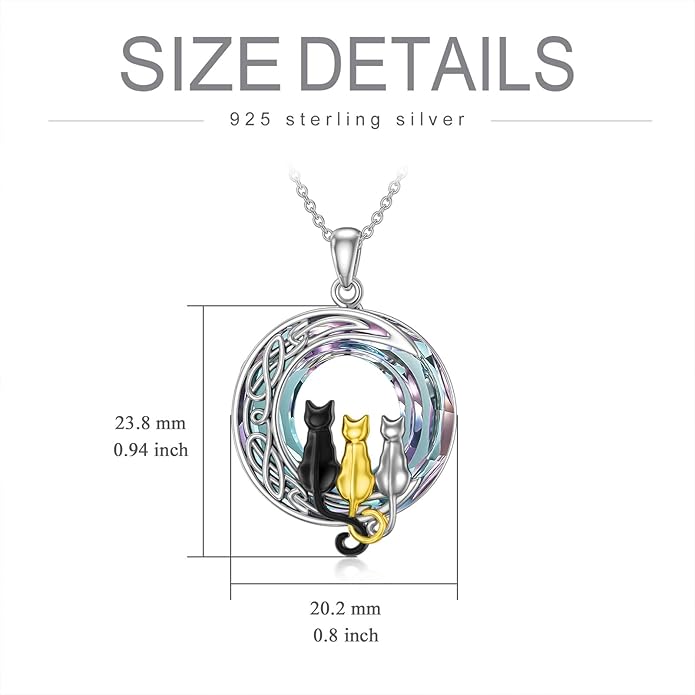 TOUPOP Cat Gifts for Cat Lovers 1 2 3 Cats Necklace Sterling Silver Cat on the Moon Pendant Necklace with Blue Circle Crystal Birthday Christmas Celtic Jewelry Gifts for Women