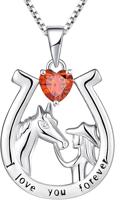 YL Women's Horse Necklace 925 Sterling Silver Horseshoe Pendant Birthstone Animals Jewelry