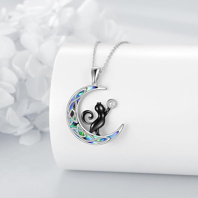 925 Sterling Silver Celtic Crescent Moon Animal Necklace for Women Fox/Black Cat/Hummingbird Crystal/Abalone Shell Pendant Jewelry Gift for Mom Daughter