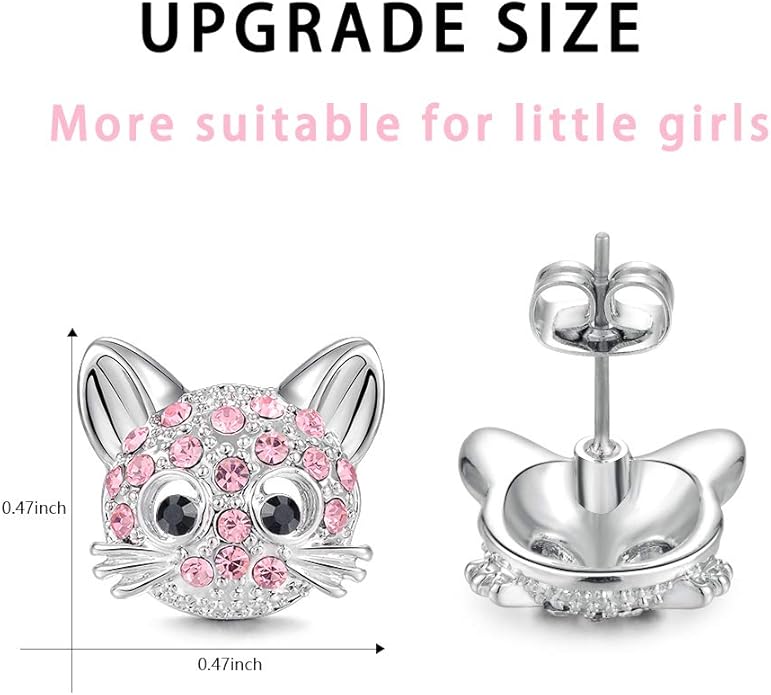Lanqueen Cute Cat Stud Earrings for Girls Hypoallergenic Cat Cubic Zirconia Earrings for Women Teens Girls